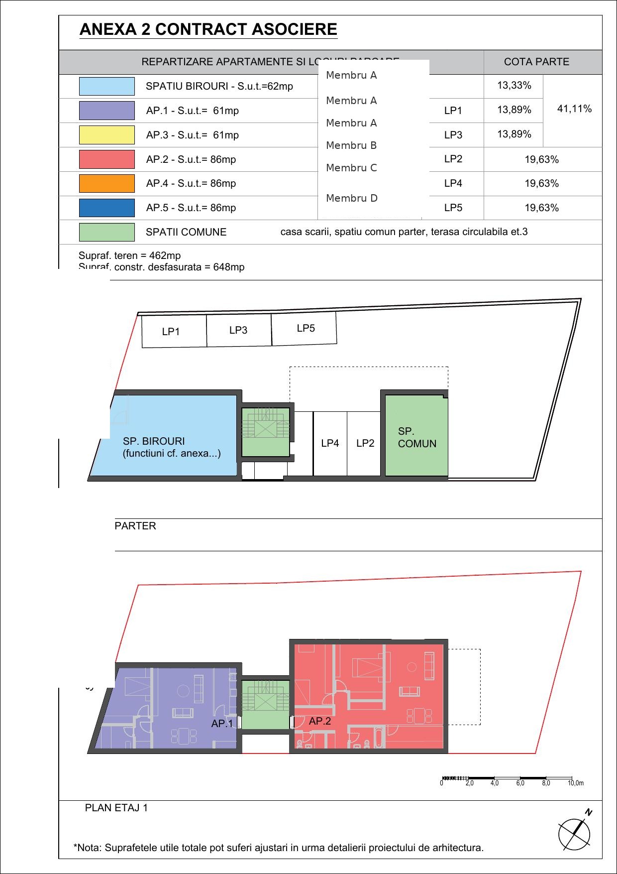 Plan parter si etaj 1 - repartizare apartamente si locuri de parcare