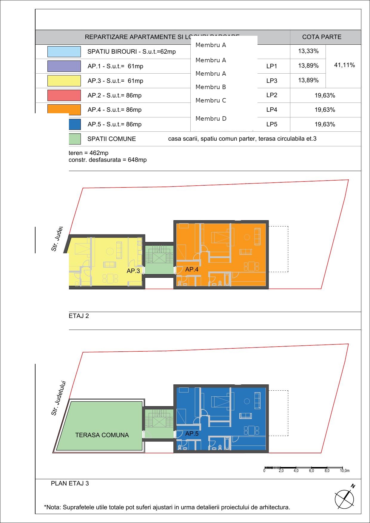 Plan etaj 2 si etaj 3 - repartizare apartamente si terasa comuna